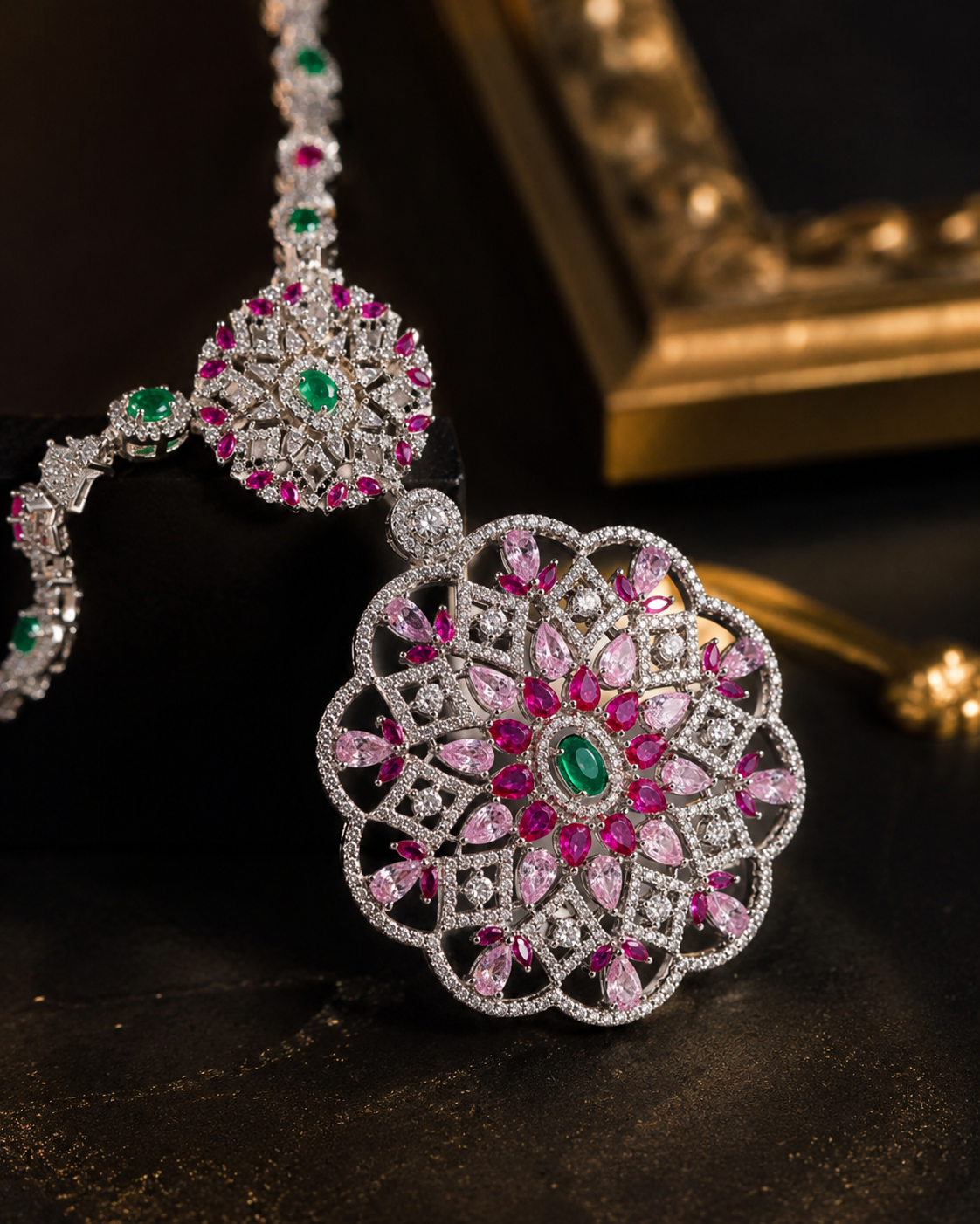 Royal Emerald & Fuchsia Floral Statement Necklace Set