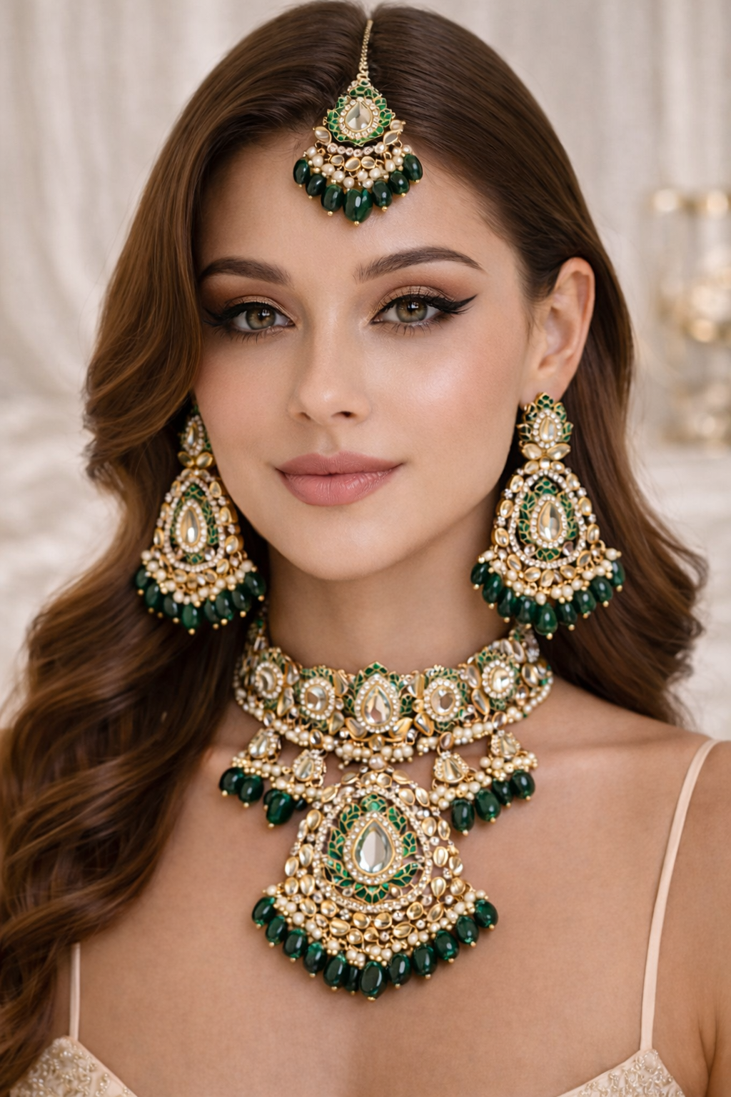 Emerald Elegance Kundan Bridal Jewelry Set with Necklace, Earrings & Maang Tikka