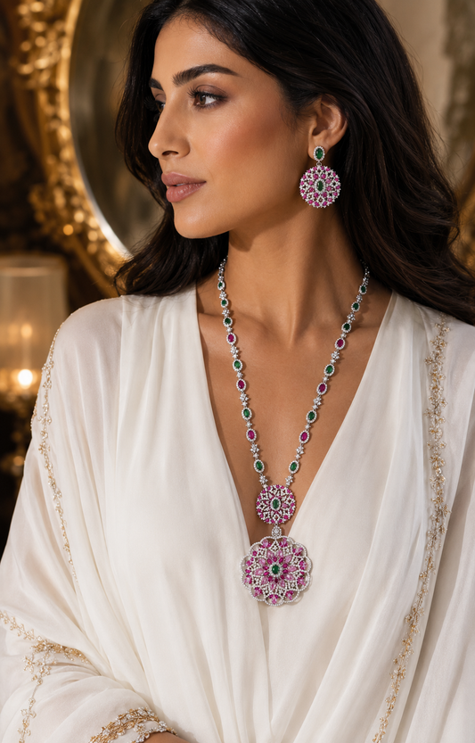 Royal Emerald & Fuchsia Floral Statement Necklace Set